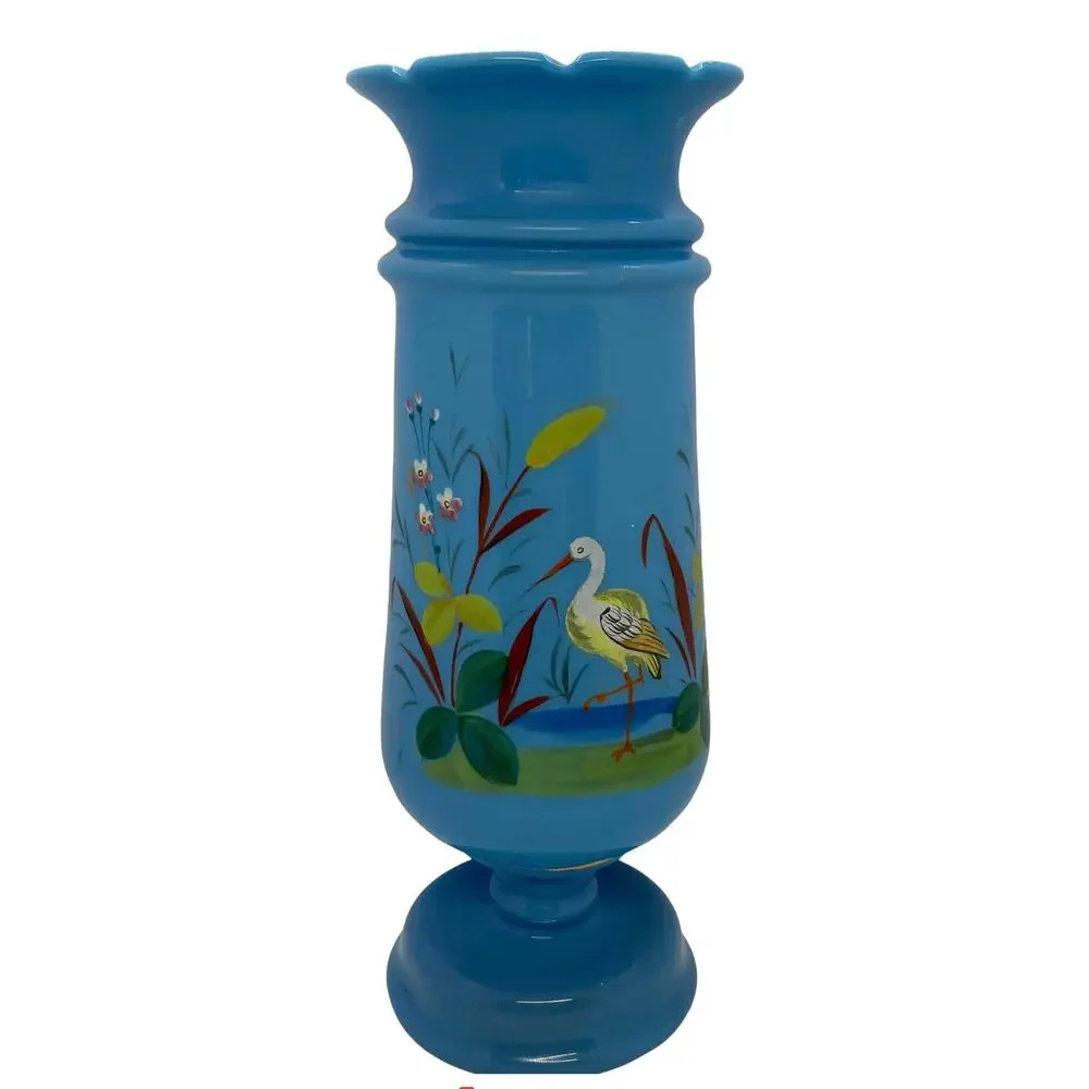 Late 19th Century Victorian Bristol Blue Glass Hand Painted and Enameled Vase